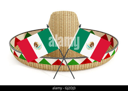 Mexikanischen Hut oder Sombrero und mexikanische Flaggen isoliert auf weißem Hintergrund. 3D Illustration. Stockfoto