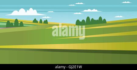 Abstrakte Landschaft mit grünen Wiesen, Bäume und Wolken. Digitale Vektor-Bild Stock Vektor