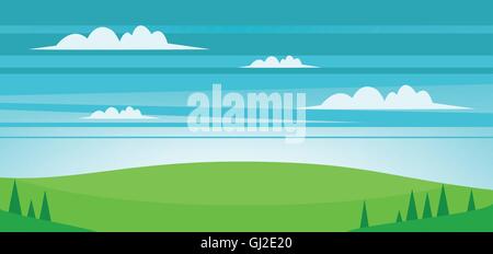 Abstrakte Landschaft mit grünen Wiesen, Bäume und Wolken. Digitale Vektor-Bild Stock Vektor