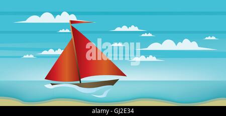 Abstrakte Landschaft mit roten Boot, blaues Meer, weiße Wolken und Meer. Digitale Vektor-Bild Stock Vektor