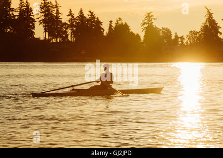 Silhouette Mann einzelnen Scull am Puget Sound bei Sonnenuntergang, Rudern, Winslow, Bainbridge Island, Washington State, USA Stockfoto