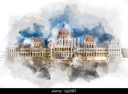 Digitales Aquarell von einem ungarischen Parlamentsgebäude. Budapest, Ungarn Stockfoto