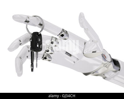 Roboterarm mit Auto Schlüssel 3d Illustration futuristische Driver Assist Fahrzeugkonzept Isolated on White Stockfoto