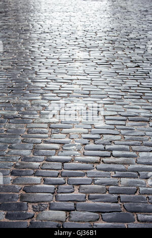 Dunkel grau gepflasterten Straße mit Reflexion nach Regen Stockfoto