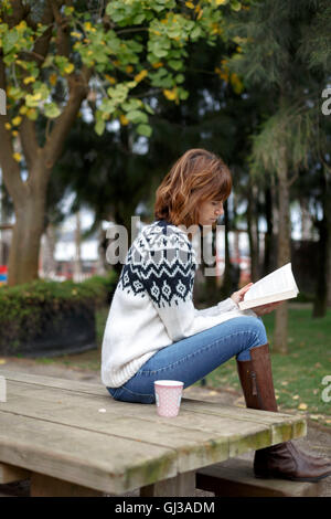 Frau sitzt auf Picknick-Tisch, Buch lesen Stockfoto