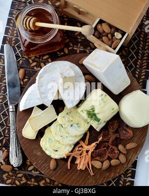 Käseplatte mit verschiedenen Käse und Nüssen Stockfoto
