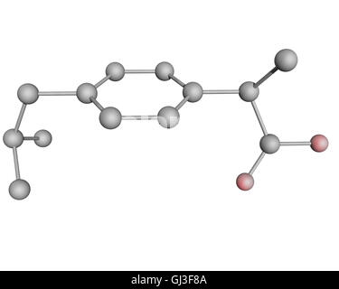 3D Abbildung Ibuprofen Moleküls mit Sauerstoffatomen in roter Farbe. Wasserstoff Atomsnot gezeigt. Stockfoto