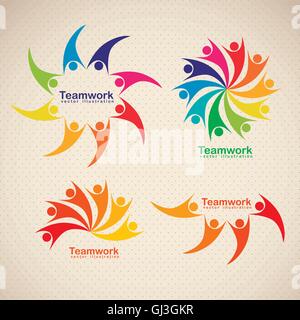 Illustration der Teamarbeit Symbole Silhouetten von Menschen in Farben v Stock Vektor
