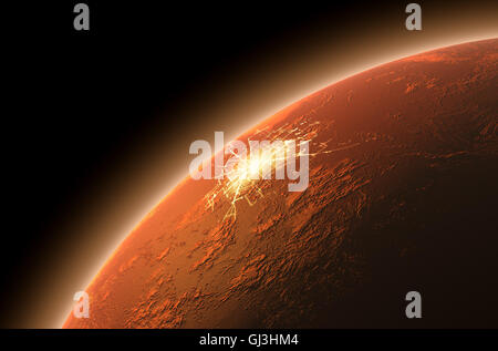 Ein 3D Rendering des Planeten Mars mit der Sonne im Gegenlicht und beleuchtet kolonisiert Settliement Bereich Beleuchtung auf der Oberfläche auf Stockfoto