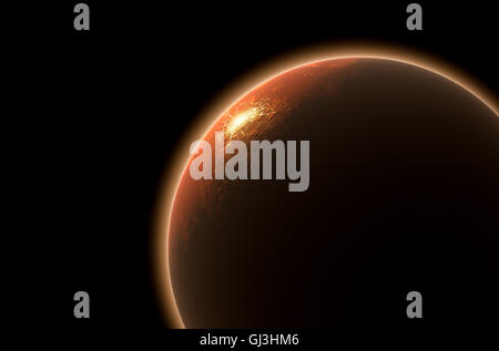 Ein 3D Rendering des Planeten Mars mit der Sonne im Gegenlicht und beleuchtet kolonisiert Settliement Bereich Beleuchtung auf der Oberfläche auf Stockfoto