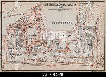 HEIDELBERGER SCHLOSS Burg. Grundriss-Skizze. Baden-Württemberg Karte, 1926-Karte Stockfoto