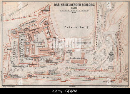 HEIDELBERGER SCHLOSS Burg. Grundriss-Skizze. Baden-Württemberg Karte, 1889-Karte Stockfoto