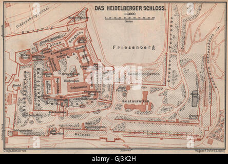 HEIDELBERGER SCHLOSS Burg. Grundriss-Skizze. Baden-Württemberg Karte, Karte von 1892 Stockfoto