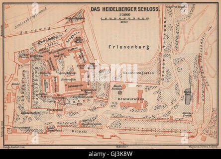 HEIDELBERGER SCHLOSS Burg. Grundriss-Skizze. Baden-Württemberg Karte, Karte von 1903 Stockfoto