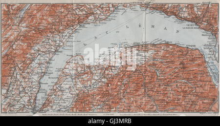 GENFER SEE/LAC LÉMAN. Nyon Thonon Evian Vevey Lausanne Montreux, 1907 alte Karte Stockfoto