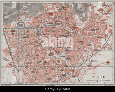 NIMES antiken Stadt Stadt Plan De La Ville. Gard. Nîmes Carte. BAEDEKER, 1907 Karte Stockfoto