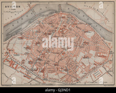 AVIGNON antike Stadt Stadt Plan De La Ville. Vaucluse Carte. BAEDEKER, 1914 Karte Stockfoto