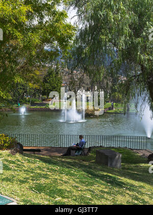 dh Santa Catarina Park FUNCHAL MADEIRA Gardens Mann sitzend lesen Entspannen am Teich mit Wasserbrunnen Garten st Stockfoto