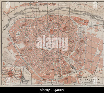 VALENCIA antiken Stadt Ciudad Stadtplan. Spanien España Mapa. BAEDEKER, 1913 Stockfoto