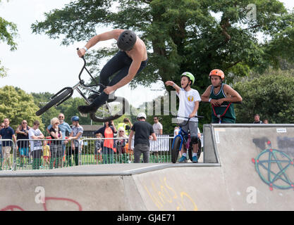 Brentwood, Essex, England. 13. August 2016. Erdrutsch-Festival, Musik, Skateboard und BMX Brentwood, Essex. BMX-Fahrer zeigt seine Fähigkeiten. Bildnachweis: Ian Davidson/Alamy Live-Nachrichten Stockfoto