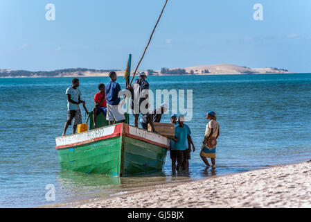 Einheimischen Entladen einer Dhau Bestimmungen am Strand von Benguerra Insel Mosambik Stockfoto