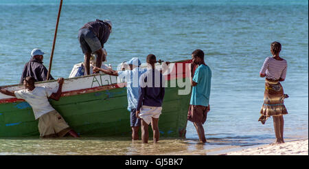 Einheimischen Entladen einer Dhau Bestimmungen am Strand von Benguerra Insel Mosambik Stockfoto