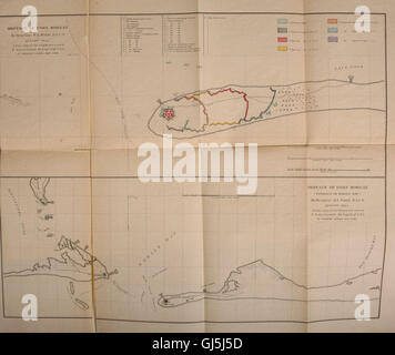 Dieser historische Bericht beschreibt die Schlacht von Mobile Bay während des Amerikanischen Bürgerkriegs und konzentriert sich auf die Eroberung von Forts Powell, Gaines und Morgan durch Gewerkschaftskräfte unter Konteradmiral Farragut. Er unterstreicht die strategische Bedeutung dieses Sieges auf See und Land. Stockfoto