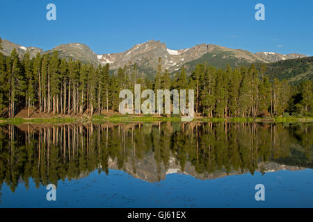 Hallett Peak spiegelt sich in den stillen Wassern des Sprague Lake in Rocky Mountain Nationalpark Stockfoto