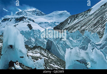 Mount Everest (8.848 Meter) mit Schnee oben auf dem Gipfel bei starkem Wind auf unsere Abstammung auf Osten abdriften Stockfoto