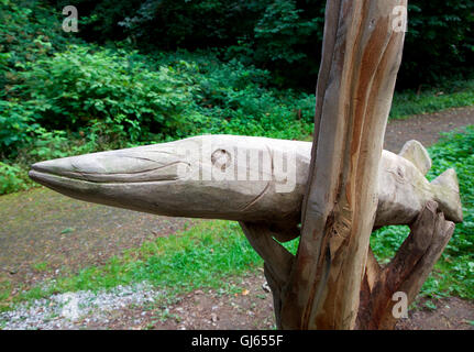 Geschnitzte Hecht Skulptur im Lough Naglack Wald, Carrickmacross Stockfoto