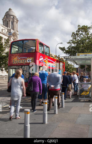 Sightseeing-Bus in Pierhead, Waterfront, Liverpool, Merseyside, Großbritannien Stockfoto