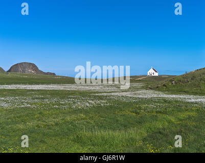 Dh FAIR ISLE SHETLAND Sheep Rock Baumwolle Feld weiße Kirche National Trust Schottland Landschaft bog Stockfoto