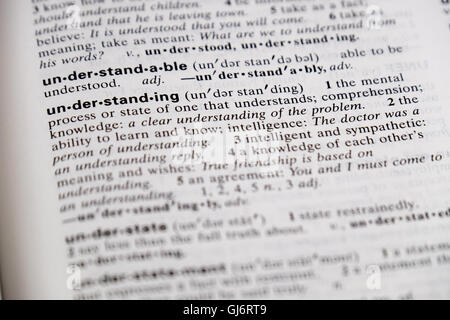Das Wort Verständnis wird in einem Wörterbuch definiert. Stockfoto