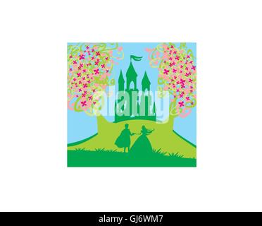 Magic Castle und Prinzessin mit Prinz Stock Vektor