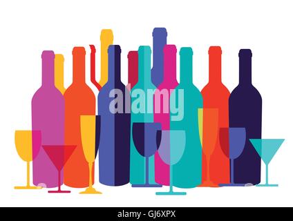 bunte cocktail-Glas und Flasche Wein Stock Vektor