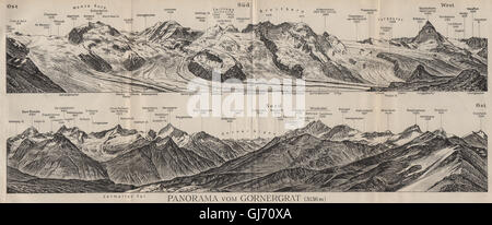 PANORAMA GORNERGRAT. Zermatt Monte Rosa Breithorn Matterhorn Mischabel, 1909-Karte Stockfoto