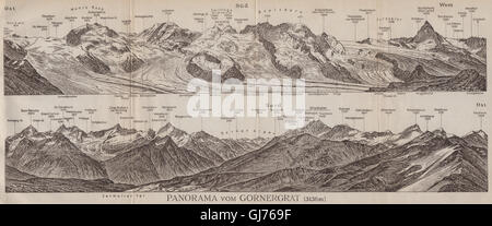 PANORAMA GORNERGRAT. Zermatt Monte Rosa Breithorn Matterhorn Mischabel, 1913-Karte Stockfoto