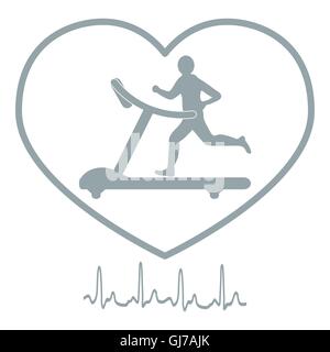Stilisierte Ikone des Mannes Joggen auf einem Laufband im Rahmen der Herz-Symbol und Herzrhythmus auf weißem Hintergrund Stock Vektor