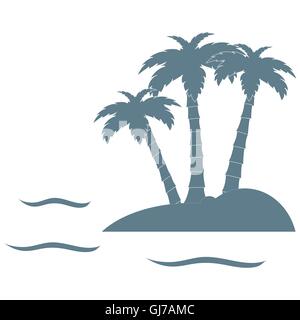 Stilisierte Ikone der Insel mit drei Palmen umgeben vom Meer mit Wellen auf weißem Hintergrund Stock Vektor