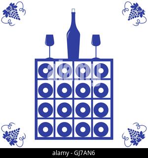 Stilisierte Ikone eines farbigen Weinregal, Flasche Wein, Weingläser und Trauben auf weißem Hintergrund Stock Vektor
