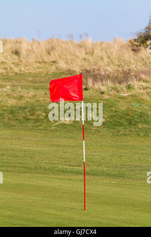 Roter Golfflagge auf einem Meer-Links-Course in Großbritannien Stockfoto