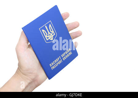 Ukraine Pass, weißen Hintergrund, Hand halten, Reisepass, ukrainische Id, Ausweise, Visa Dokument, Ukraine cou Stockfoto