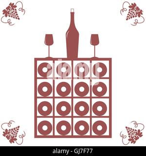 Stilisierte Ikone eines farbigen Weinregal, Flasche Wein, Weingläser und Trauben auf weißem Hintergrund Stock Vektor