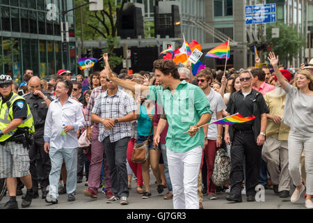 Montreal, Kanada. 14. August 2016. Der kanadische Premierminister Justin Trudeau nimmt Teil in Montreal-Pride-Parade. Stockfoto