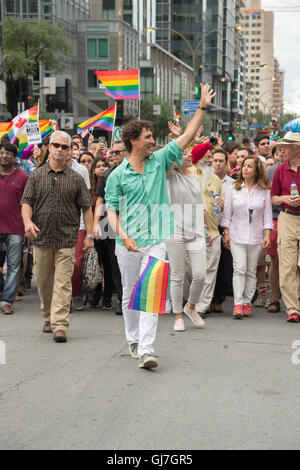 Montreal, Kanada. 14. August 2016. Der kanadische Premierminister Justin Trudeau nimmt Teil in Montreal-Pride-Parade. Stockfoto