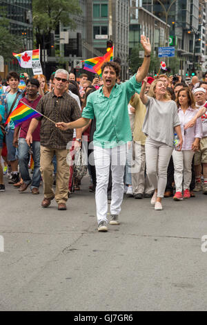 Montreal, Kanada. 14. August 2016. Der kanadische Premierminister Justin Trudeau nimmt Teil in Montreal-Pride-Parade. Stockfoto