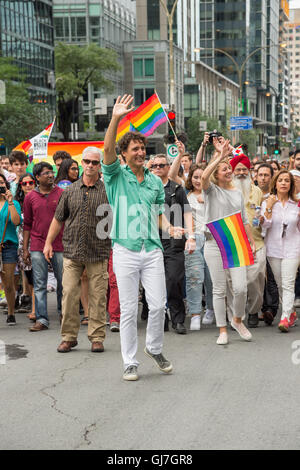 Montreal, Kanada. 14. August 2016. Der kanadische Premierminister Justin Trudeau nimmt Teil in Montreal-Pride-Parade. Stockfoto