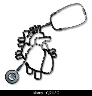 Stethoskop, geformt wie ein menschliches Herz als ein medizinischer Herz-Kreislauf-Diagnostik-Konzept für die Kardiologie oder Kardiologen als 3D Darstellung auf einem weißen Hintergrund. Stockfoto