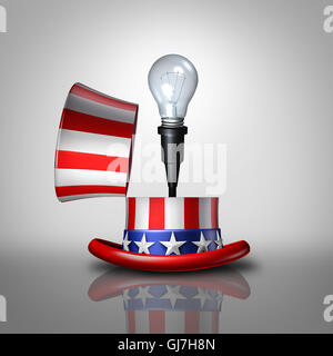 Amerikanische Idee Konzept als eine offene United States flag Hut mit einer Glühbirne Schwellenländern als nationales Symbol für Erfindung und kreativen Ideen oder Wahl-Kampagnenstrategie als eine 3D Darstellung. Stockfoto