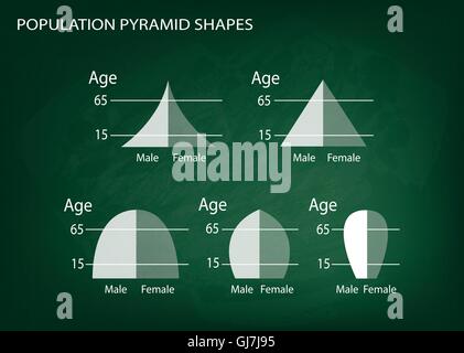 Bevölkerung und Demografie, Illustration-Set von 5 Arten der Bevölkerung Pyramiden Diagramm oder Altersstruktur Graph auf Tafel Hinterg Stock Vektor